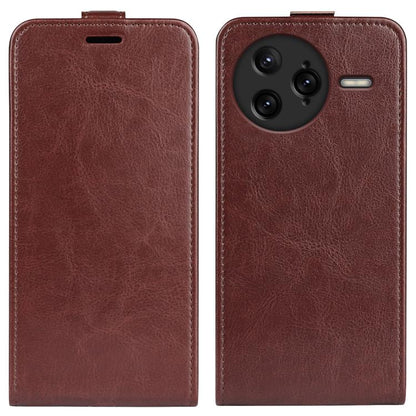 Brown flip leather phone case with screen cover and camera cutout, circular camera opening.