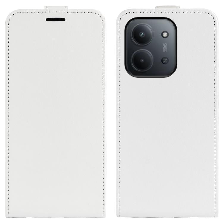 White flip leather phone case with screen cover and camera cutout, stitched edges.