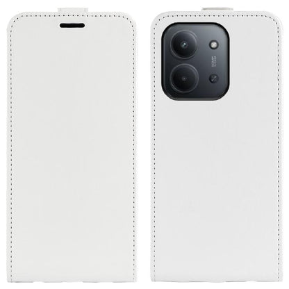 White flip leather phone case with screen cover and camera cutout, stitched edges.