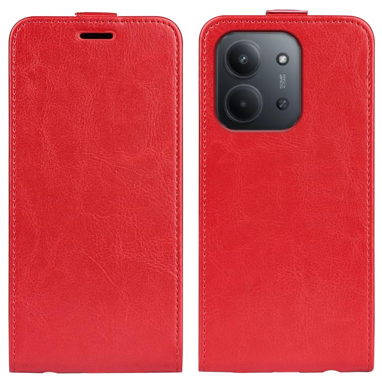 Red flip leather phone case with screen cover and camera cutout, stitched edges.