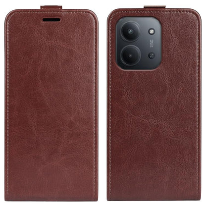 Brown flip leather phone case with screen cover and camera cutout, textured finish.