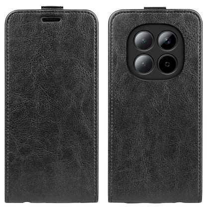 Textured black leather vertical flip phone case with cutout for speaker and camera lenses