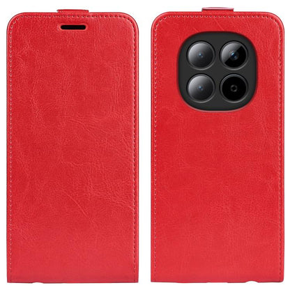 Textured red leather vertical flip phone case with cutout for speaker and camera lenses