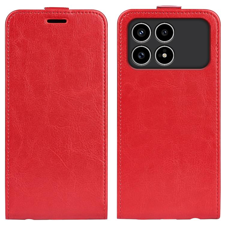 Red flip leather phone case with screen cover and camera cutout, textured finish.
