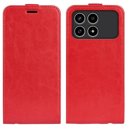 Red flip leather phone case with screen cover and camera cutout, textured finish.