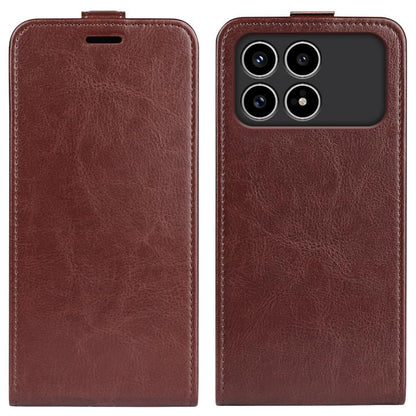 Brown flip leather phone case with screen cover and camera cutout, textured finish.