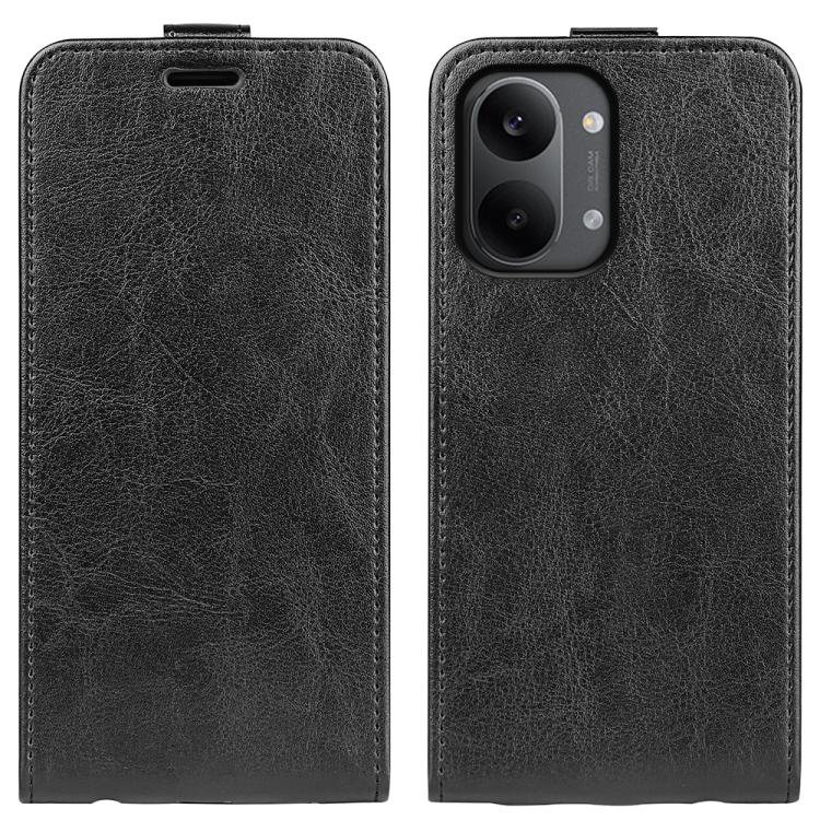 Black textured leather flip phone case with double cutouts for camera on back