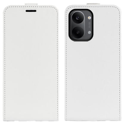 White textured leather flip phone case with camera cutout and front cover closed