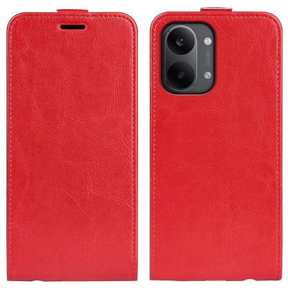 Textured red leather vertical flip phone case with cutout for speaker and camera lenses
