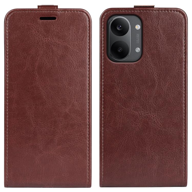Textured brown leather vertical flip phone case with cutout for speaker and camera lenses