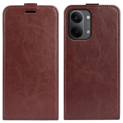 Textured brown leather vertical flip phone case with cutout for speaker and camera lenses
