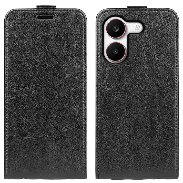 Textured black leather vertical flip phone case with cutout for speaker and camera lenses