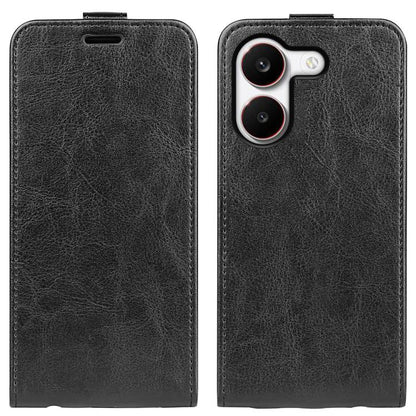 Textured black leather vertical flip phone case with cutout for speaker and camera lenses