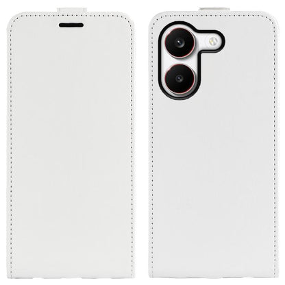Textured white leather vertical flip phone case with cutout for speaker and camera lenses