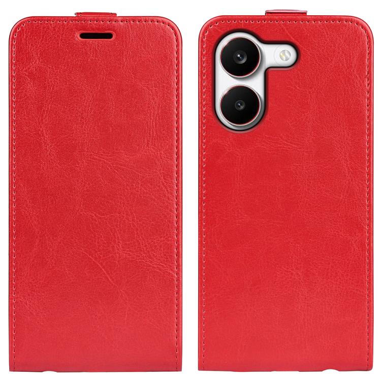 Textured red leather vertical flip phone case with cutout for speaker and camera lenses