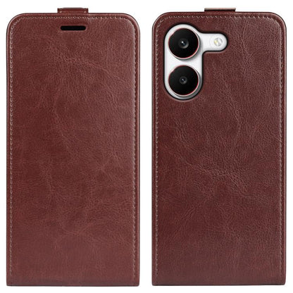 Textured brown leather vertical flip phone case with cutout for speaker and camera lenses
