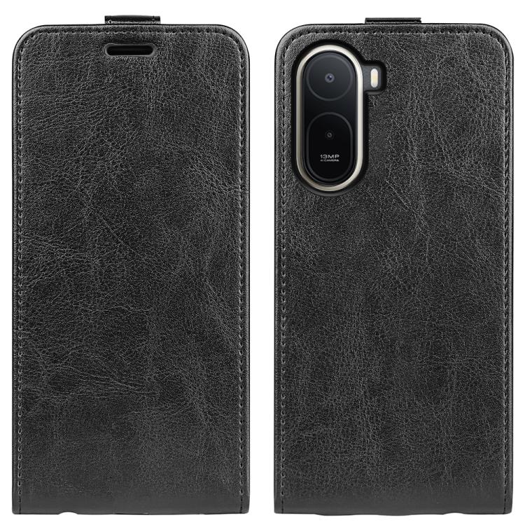 Black textured leather flip phone case with cutout for camera and speaker, stand cover style