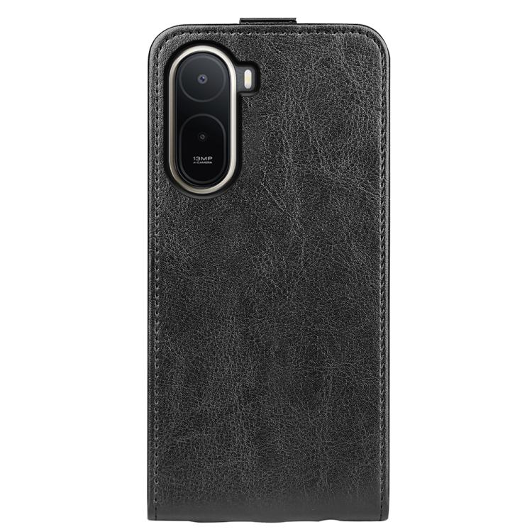 Black textured leather flip phone case with camera cutout on back, front cover closed