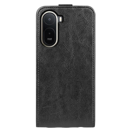 Black textured leather flip phone case with camera cutout on back, front cover closed
