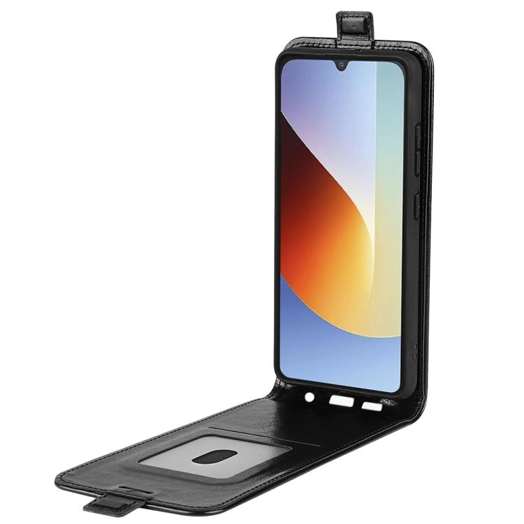 Black textured leather flip phone case with open cover and card holder flap