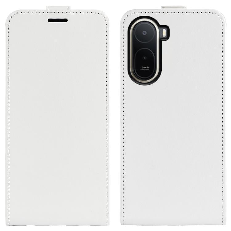 White textured leather flip phone case with camera cutout, front and back panels