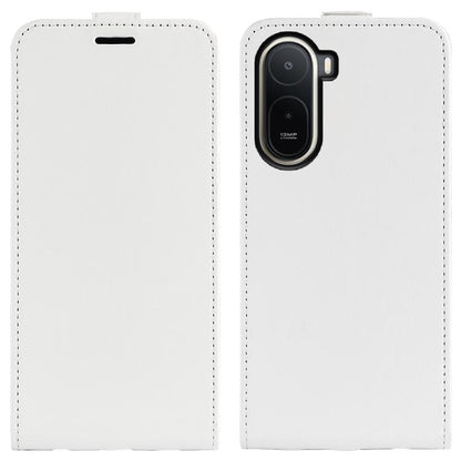 White textured leather flip phone case with camera cutout, front and back panels