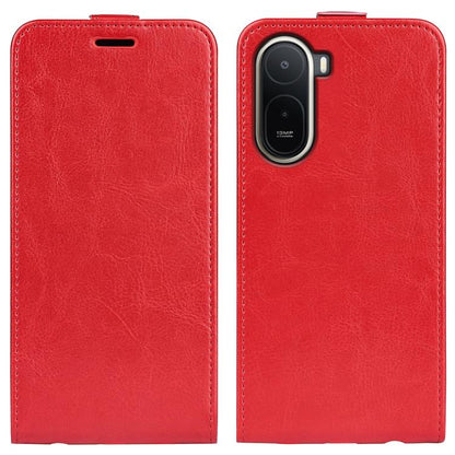 Red textured leather flip phone case with camera cutout and stitched edges