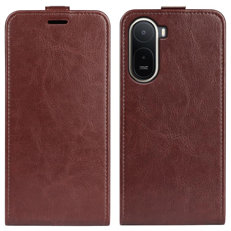Brown textured leather flip phone case with camera cutout and stitched edges
