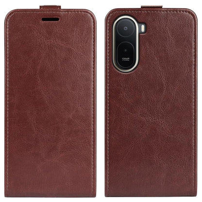 Brown textured leather flip phone case with camera cutout and stitched edges