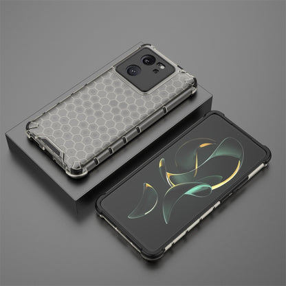 Shockproof honeycomb phone case pair: gray hex back and black hex back.