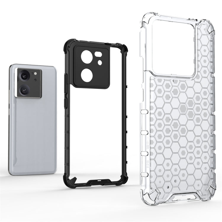 Clear-toned shockproof honeycomb phone case with cutouts for camera and ports.