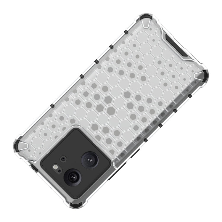 Clear-toned shockproof honeycomb phone case back with camera cutout.