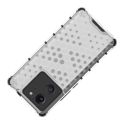 Clear-toned shockproof honeycomb phone case back with camera cutout.