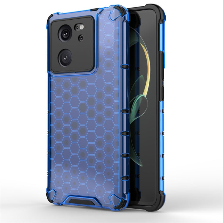Blue shockproof honeycomb phone case with raised edges and hex texture.
