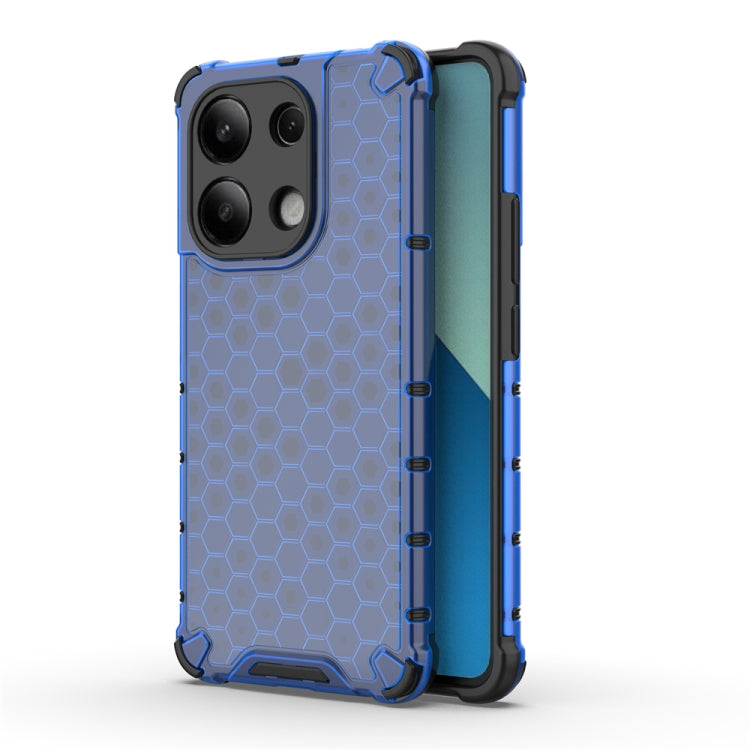 Rugged shockproof phone case with honeycomb pattern, blue, side profile view