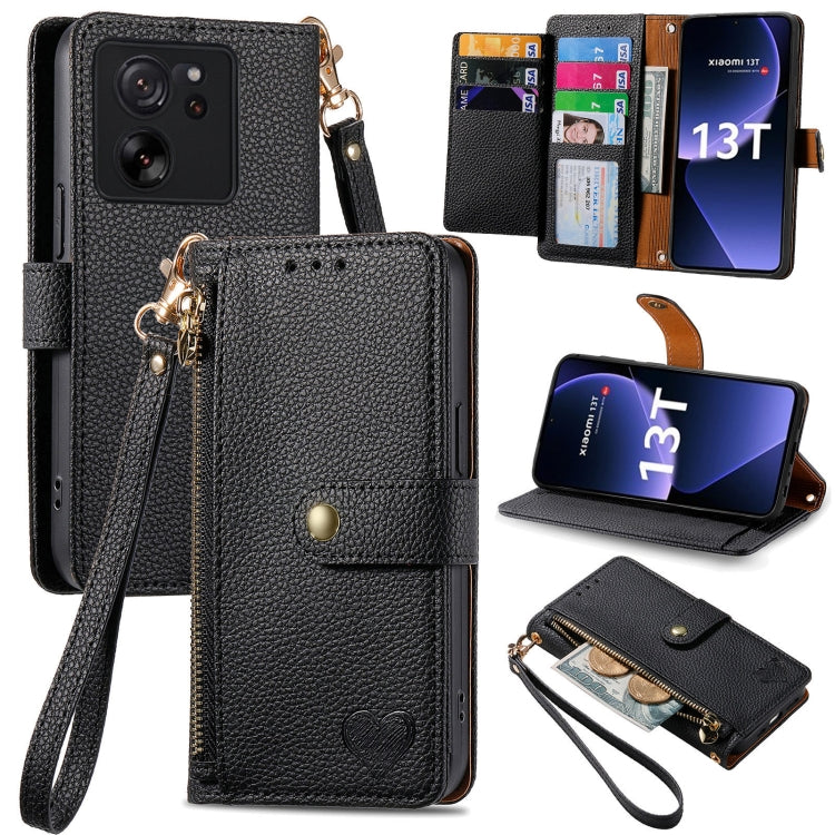 Black leather wallet phone case with zipper card holder, wrist strap, and fold-out stand