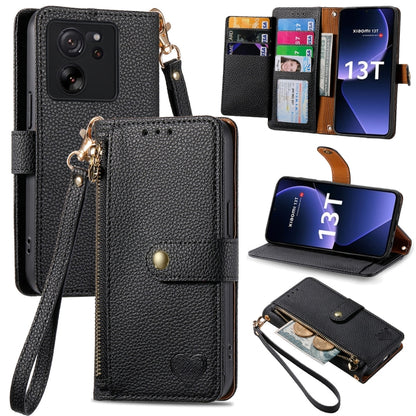 Black leather wallet phone case with zipper card holder, wrist strap, and fold-out stand