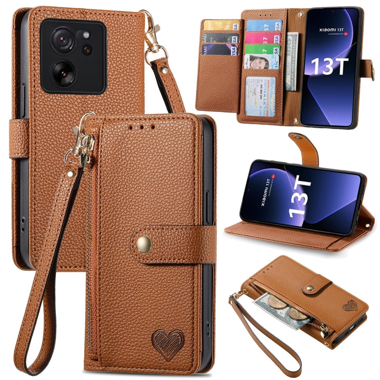 Tan leather wallet phone case with zipper card holder, wrist strap, and fold-out stand