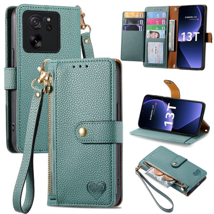 Teal leather wallet phone case with zipper card holder, wrist strap, and fold-out stand