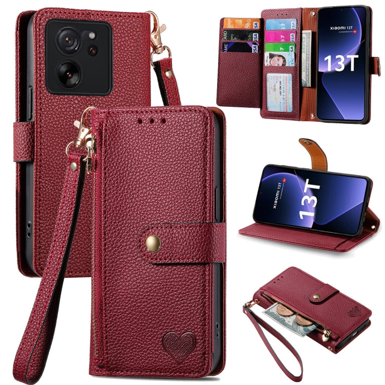 Red leather phone case with zipper, wrist strap, and card slots for slim phones