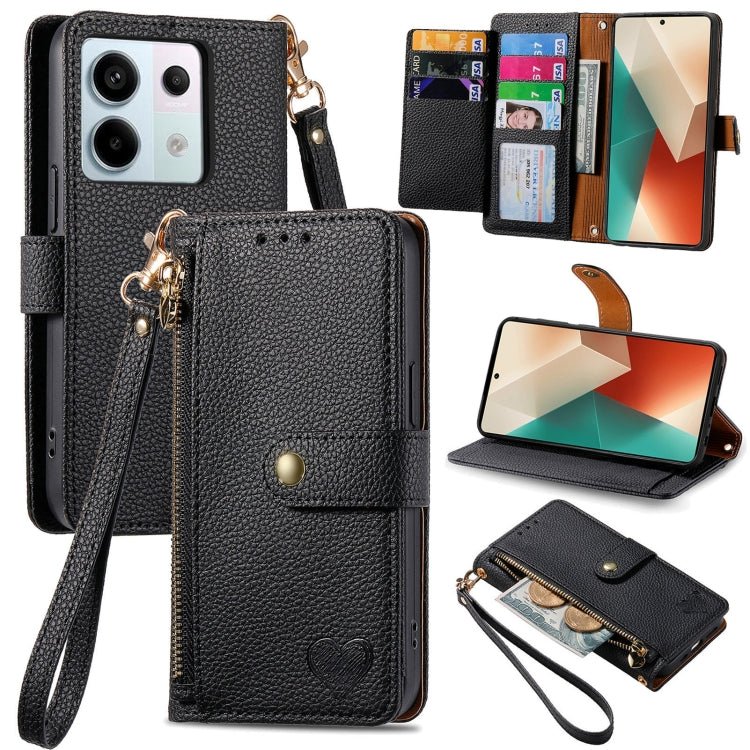 Black leather-style phone wallet case with zipper and lanyard strap with heart emblem