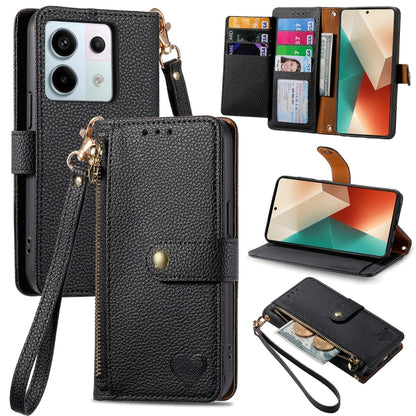 Black leather-style phone wallet case with zipper and lanyard strap with heart emblem