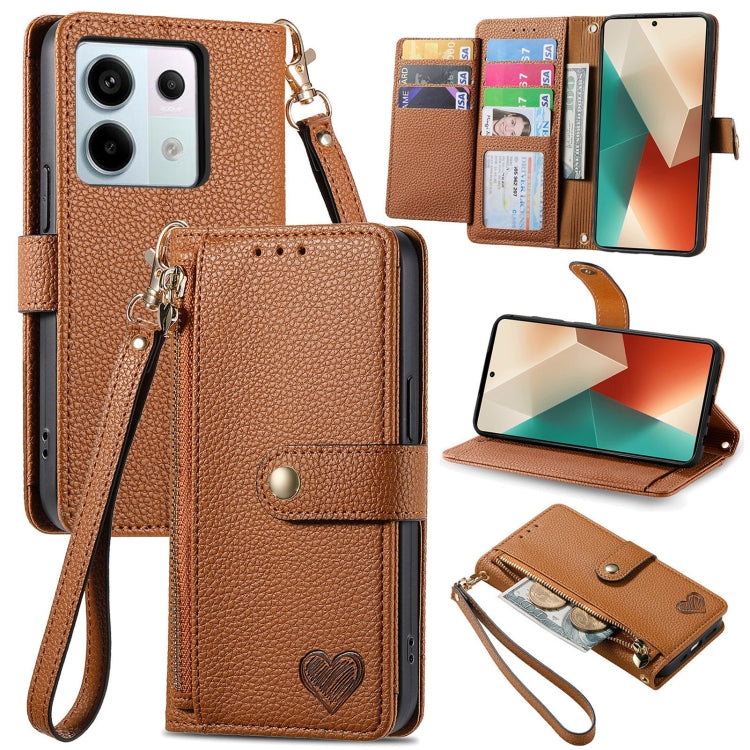 Brown leather wallet phone case with zipper card holder, wrist strap, and fold-out stand