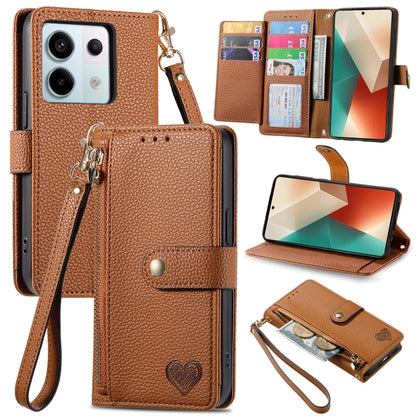 Brown leather wallet phone case with zipper card holder, wrist strap, and fold-out stand