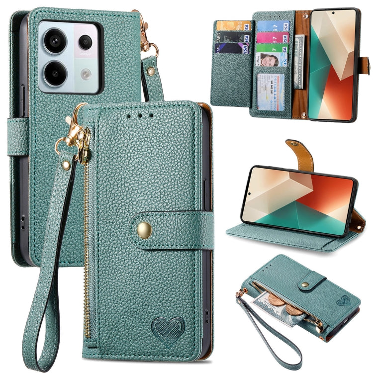 Teal leather wallet phone case with zipper card holder, wrist strap, and fold-out stand