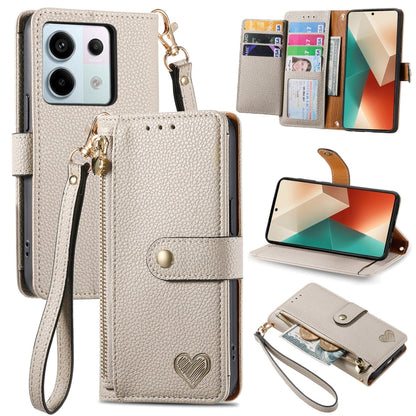 Cream leather wallet phone case with zipper card holder, wrist strap, and fold-out stand