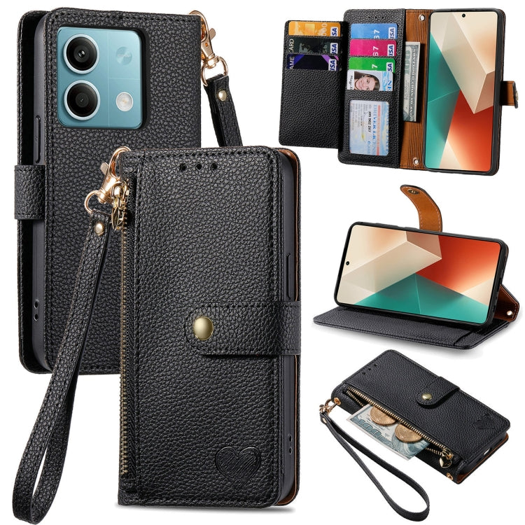 Black leather-style phone wallet case with zipper, lanyard strap, and card slots
