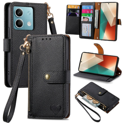 Black leather-style phone wallet case with zipper, lanyard strap, and card slots