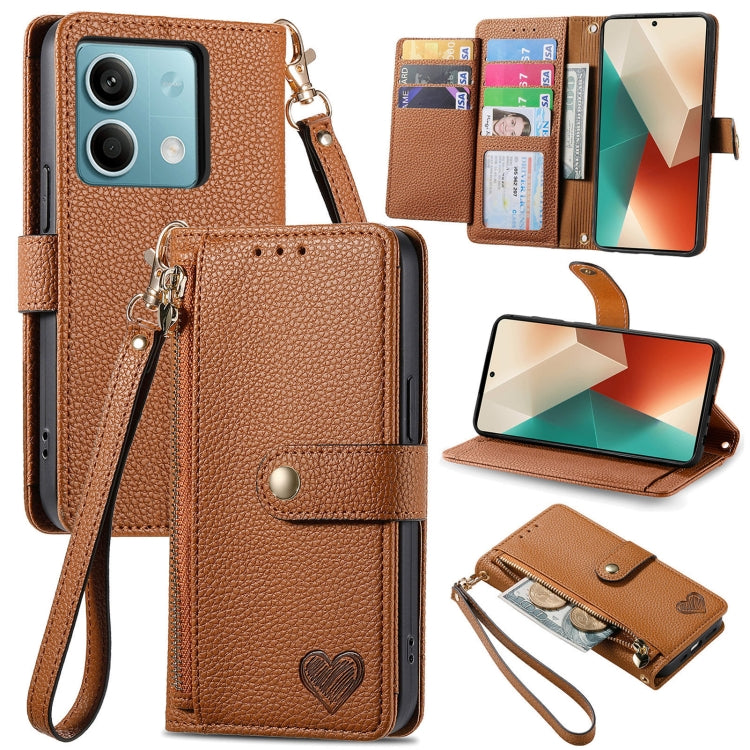 Brown leather-style phone wallet case with zipper, lanyard strap, and card slots