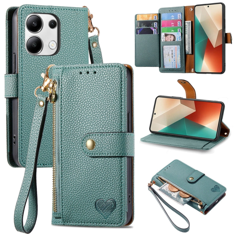 Teal leather phone case with wrist lanyard, card slots, heart strap detail, stand view